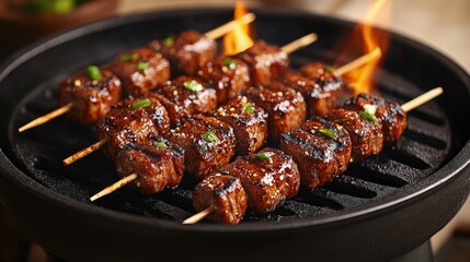 Juicy grilled beef skewers sizzling over an open flame on a barbecue grill, garnished with herbs.