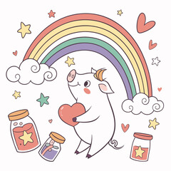A Curious Pig with holding a heart in a Rainbow theme – Pastel Rainbow palette SVG illustration