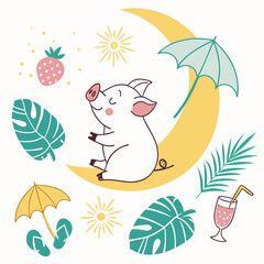 Curious Pig with sitting on a moon, set in a charming Tropical theme – Tropical Vibes color vector art