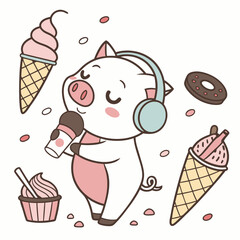 Whimsical Pig feeling Loving in a Ice cream party setting with wearing headphones – colored in Scoops & Swirls