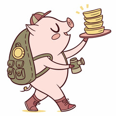 Whimsical Pig feeling Peaceful in a Forest adventure setting with balancing a stack of pancakes – colored in Evergreen Trails