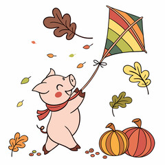 Creative SVG: Mischievous Pig with with a rainbow kite in a Autumn Leaves colored Autumn theme