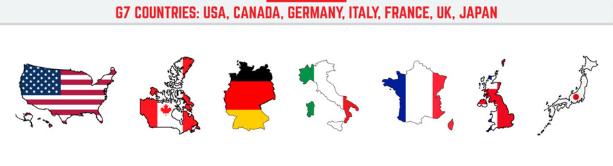 Group of Seven countries G7 - Outlined map with National Flags - USA, Canada, France, Germany, Italy, Japan, United Kingdom countries Political World Map Illustration