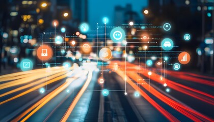 Night city street with overlaid digital network icons.