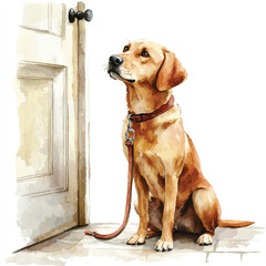 Watercolor Labrador Retriever Patiently Waiting Beside a Closed Door Leash Attached