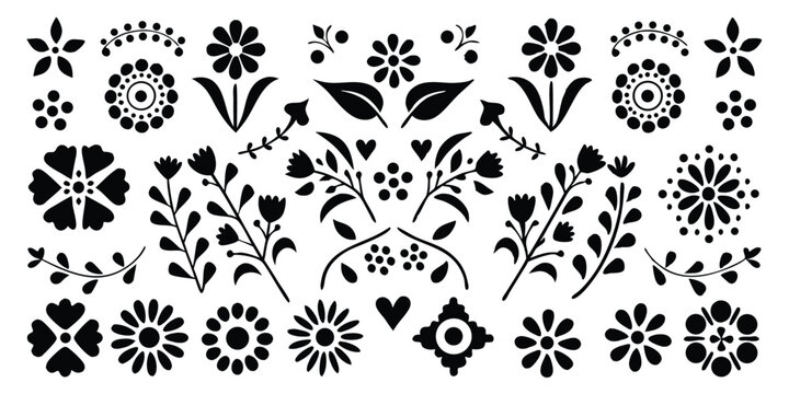 Floral pattern with various flowers, leaves, branches and hearts in black and white color scheme design