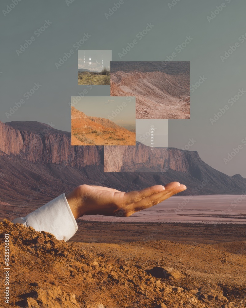 Aufkleber Sustainable Environmental Monitoring Concept with Hand Holding Digital Pollution Analysis Interface and Landscape Data Over Arid Terrain for Eco Business