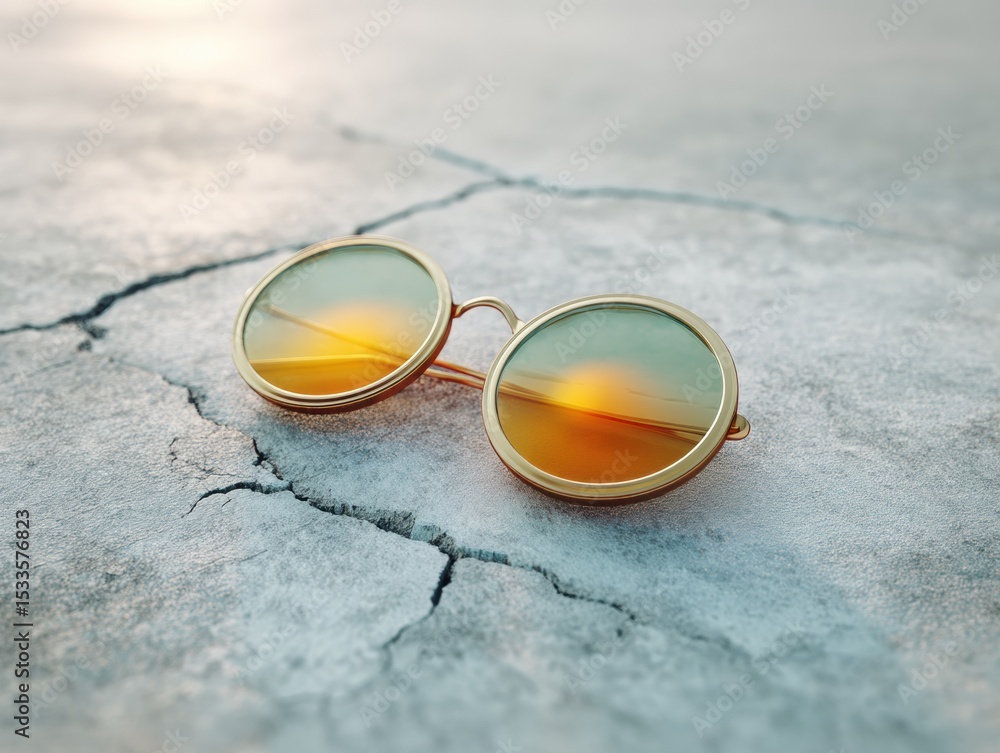 Poster minimalist eclipse glasses with golden reflection on cracked stone surface - modern textures and con