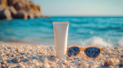 Sunscreen and sunglasses on a beach