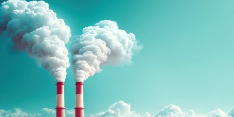 Industrial Chimneys Emitting Dense Smoke Against Clear Sky Highlighting Environmental Pollution and Carbon Footprint for Sustainability Awareness Campaign