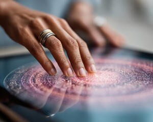 Futuristic Zodiac Wheel on Tablet Screen with Silver-Ringed Hand Swiping under Blush Light and Starry Reflection - Modern Digital Astrology Interface