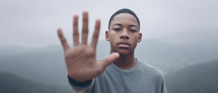 Teenager Showing Stop Gesture with Open Palm Outdoors for Anti-Bullying and Youth Empowerment Campaigns Promoting Assertiveness and Boundary Setting
