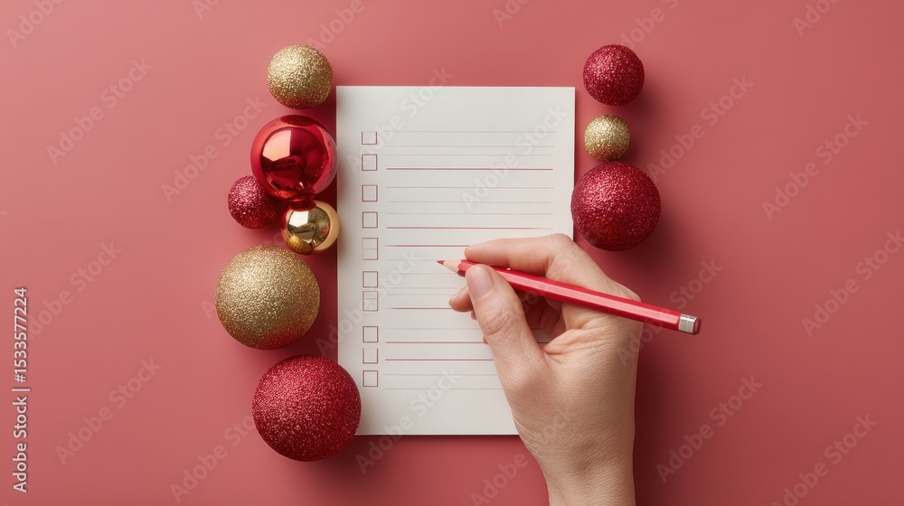Poster Modern Hand Holding Pencil Completing Checklist on Paper with Festive Ornaments - Structured Task Verification for Survey and Feedback Collection