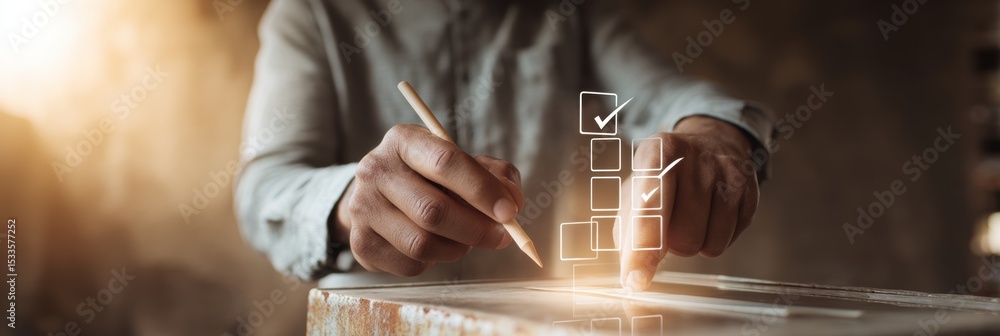 Aufkleber Business Professional Completing Voter Registration on Transparent Virtual Interface with Digital Checkboxes in Modern Tech Environment for Seamless Data Collection