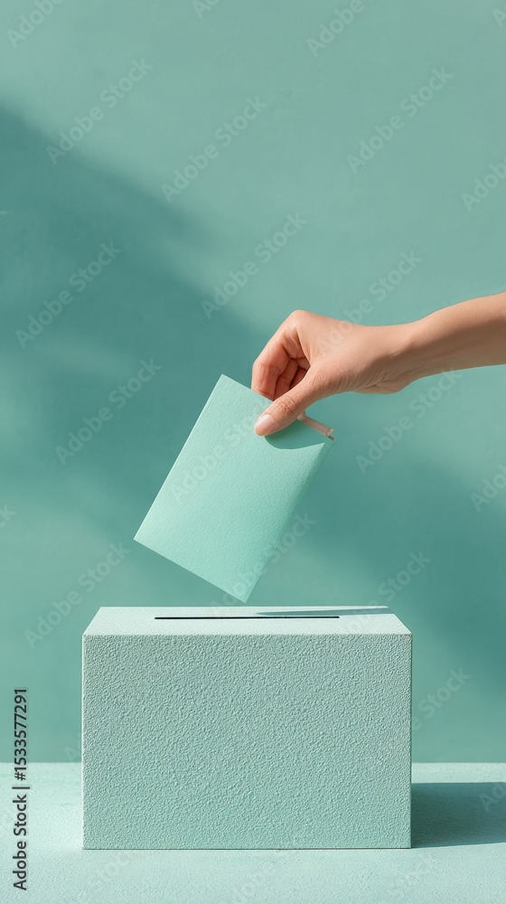 Poster minimalist voting scene with hand casting ballot into textured box highlighting civic engagement and