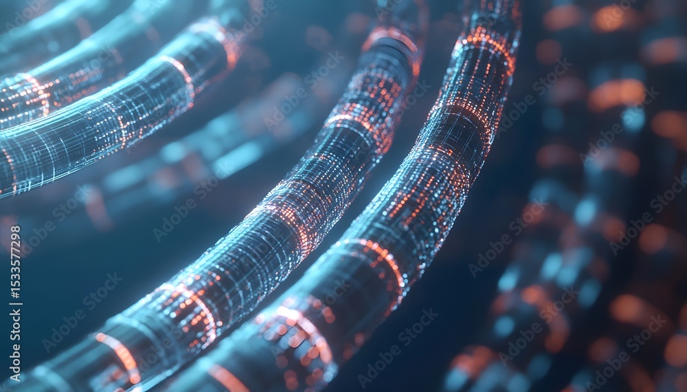 Poster abstract digital tubes with glowing data streams.