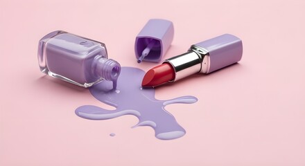 Spilled Lavender Nail Polish and Lipstick on Pastel Pink Background – Glossy Feminine Beauty Flatlay