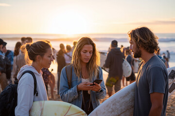 Diverse group checking surfing conditions on weather app, standing with boards, smartphone glow at dawn, 