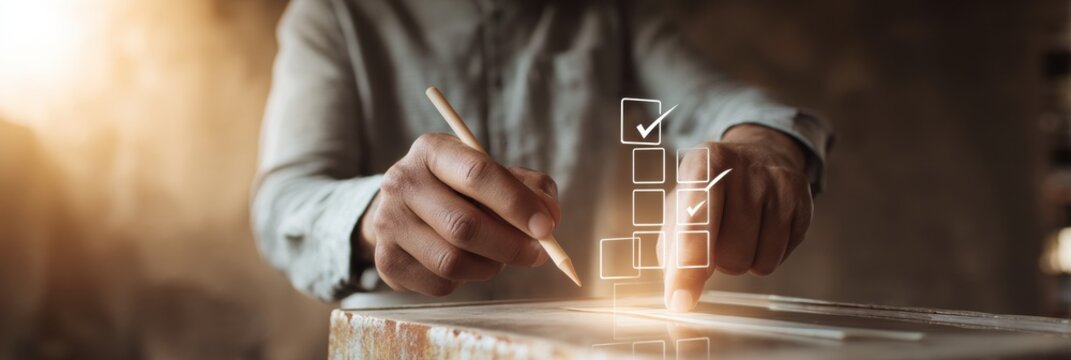 Business Professional Completing Voter Registration on Transparent Virtual Interface with Digital Checkboxes in Modern Tech Environment for Seamless Data Collection