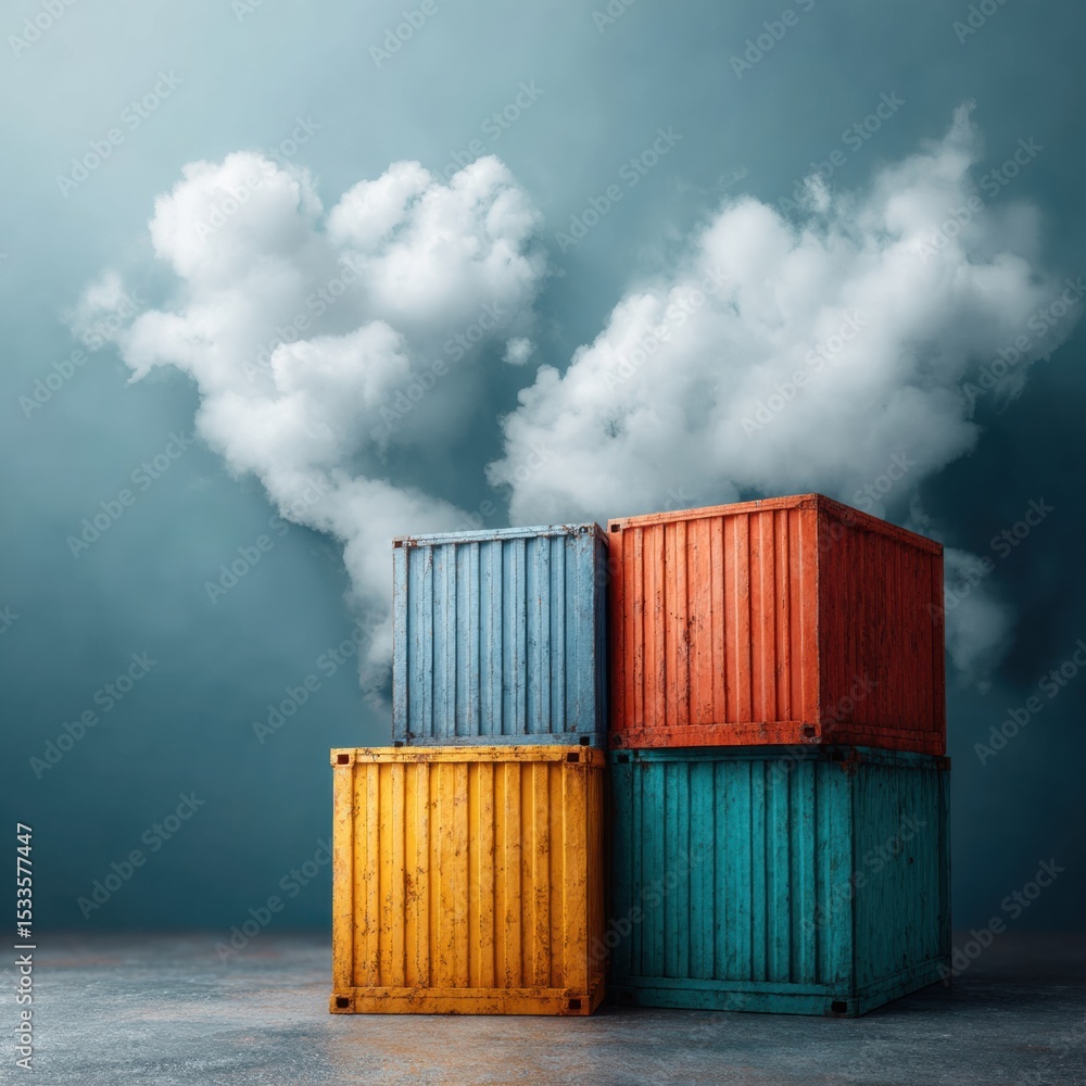 Poster stacked shipping containers with smoke clouds symbolizing tariff impact on global trade networks and