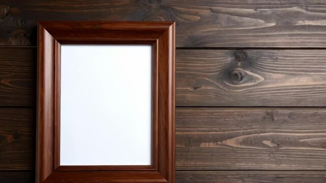 Elegant dark wood picture frame with white interior against textured brown wooden plank background in close-up for copy space or montage.