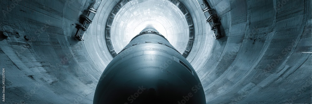 Poster strategic intercontinental ballistic missile in concrete silo showing launch mechanisms for defense 