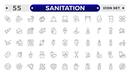Sanitation web icon collection. Includes thin line men, sponge, hand, cleaning, dust, wash and more. Outline icon collection.