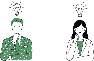Male and female professionals thinking with lightbulbs, creative idea concept, innovation in business strategy, flat vector illustration of planning, brainstorming, 

 flat vector illustration