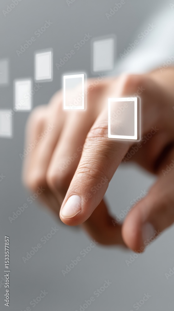 Poster Futuristic Software Update Interface with Hand Interaction and Digital Icons Symbolizing Innovation and Business Technology Transformation