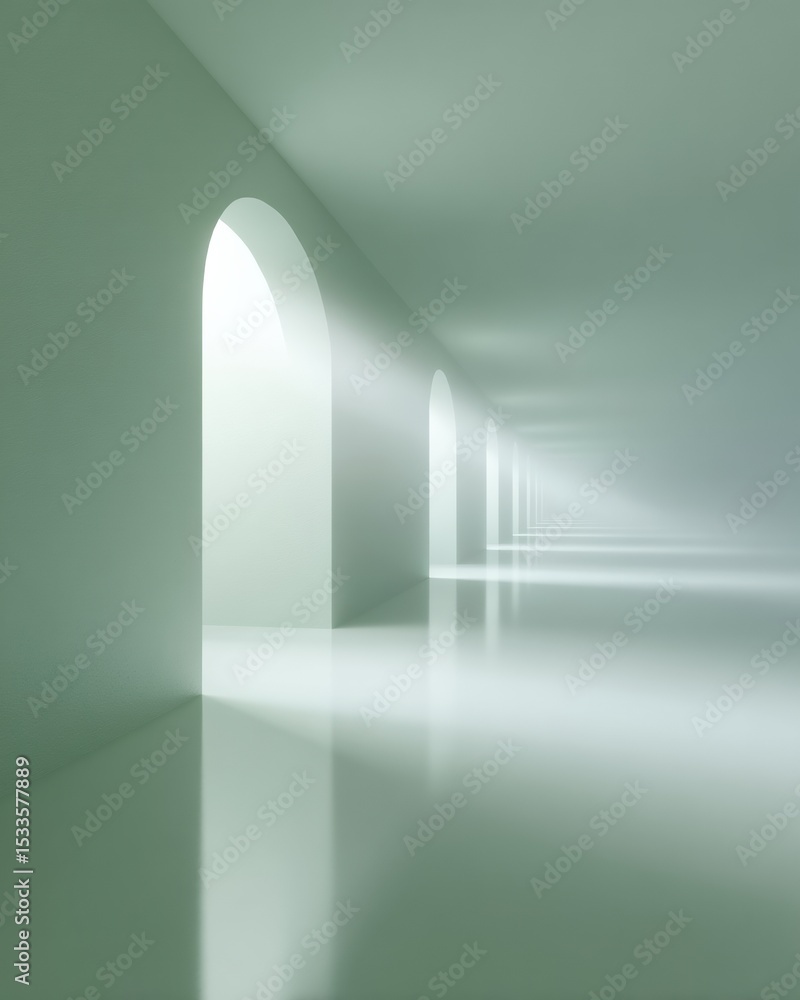 Poster minimalist green modern architectural corridor with arched doorways reflecting light and creating ca