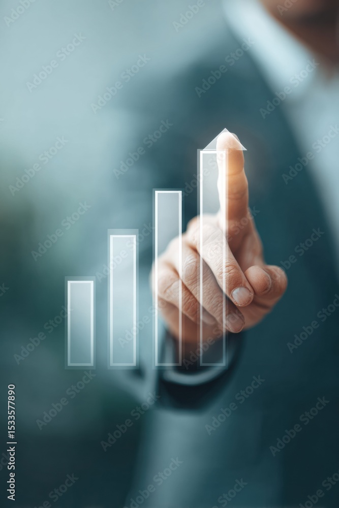 Poster businessman in formal suit touching digital growth graph on transparent screen with office backgroun