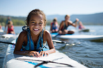 Children learning to paddleboard on calm lake, cheerful instructor nearby, sunny summer morning, 
