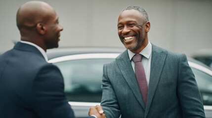 Fototapeta premium Confident Black Businessmen Shaking Hands at Modern Car Dealership with Document Folder, Celebrating Successful Vehicle Purchase and Client Satisfaction