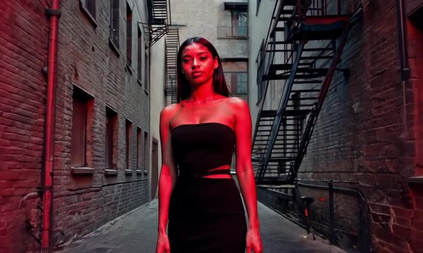 Glamorous young woman in a black dress poses with elegance on an urban street - Powered by Adobe