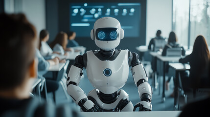 Robot in a Classroom Setting with Students and Interactive Screen