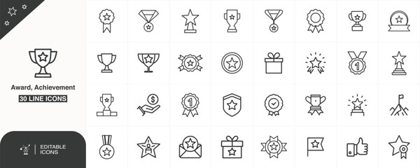 Award and achievement line icon set, Editable Vector Icons – Awards & Recognition, Achievement and Badge Outline icon, Trophy Line Icons, new