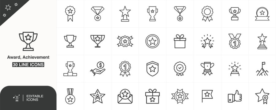 Award and achievement line icon set, Editable Vector Icons &ndash; Awards & Recognition, Achievement and Badge Outline icon, Trophy Line Icons, new