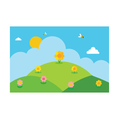 Naklejka premium A cartoon car travels a winding road through a vibrant summer landscape with green fields, colorful flowers, and a clear blue sky with fluffy clouds