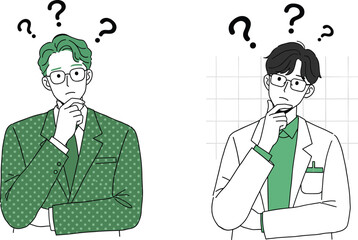 Two professional men confused with question marks, business uncertainty concept, flat vector illustration of doubt, thinking process, problem solving, corporate decision- flat vector illustration