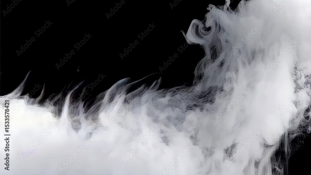 Poster white ink slowly dispersing into black water creating abstract cloud formations, suitable for backgr