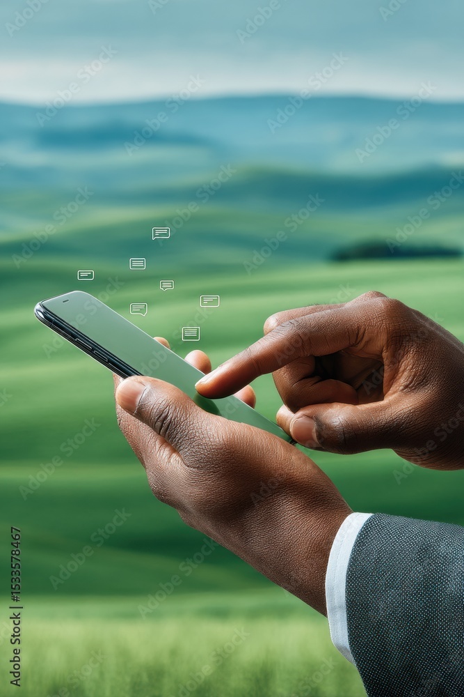Poster modern professional interacting with smartphone notifications in green outdoor setting - digital con