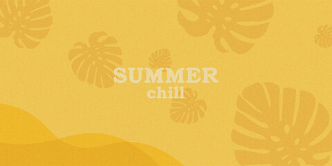 A minimalist summer background with tropical monstera leaves in various shades of yellow on a warm, sunlit background. Centered white text reads "SUMMER chill." Perfect for summer promotions, social m