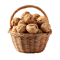 Fresh harvest of walnuts beautifully displayed in a woven basket against a dark background showing texture and abundance