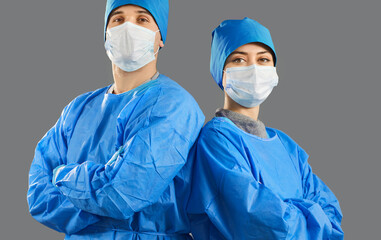 Female, male surgeon team, doctor woman professional confident portrait, surgical nurse,...