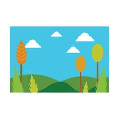 Fototapeta premium Autumn landscape with trees, green grass, and a sunny sky