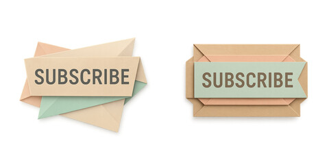 Minimalist origami-inspired subscribe button featuring crisp paper folds and angular geometric design. Clean shadows on transparent background for web, mobile, and digital marketing applications. 