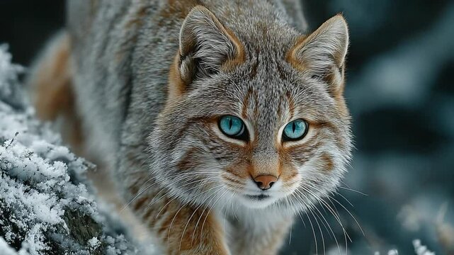 Close-up portrait of a wildcat in a winter landscape with snow covering the foreground