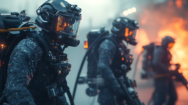 Firefighters in Advanced Gear Battling Intense Flames