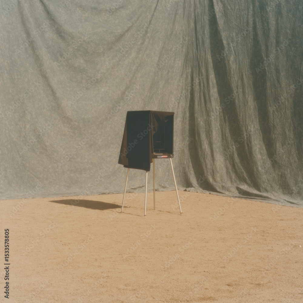 Poster minimalist american voting booth with privacy curtain in neutral setting symbolizing democratic part