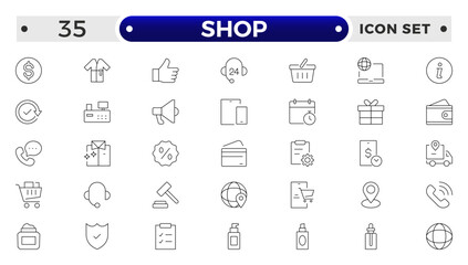 Shopping and Shop outline icon set. Online shopping, store, delivery, promotion and shopping cart symbol.